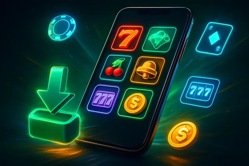 Glossy smartphone casino app banner with neon download icon and glowing tiles