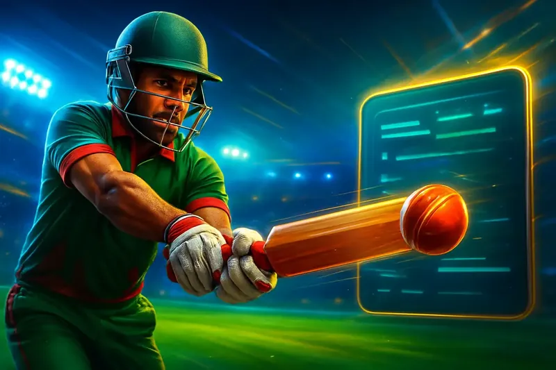 Cricket batter striking ball under stadium lights for sportsbook banner