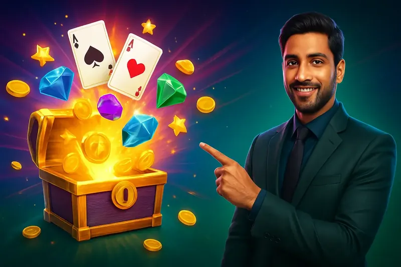 Glowing reward chest with bonus cards, coins, stars, and gems bursting out