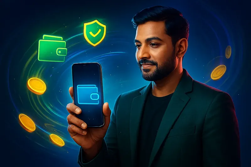 Hand holding smartphone with secure mobile wallet, coins, and speed effects