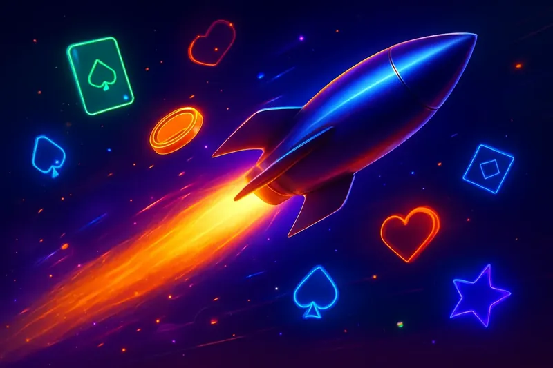 Glossy rocket launch casino banner with neon speed trails and game particles