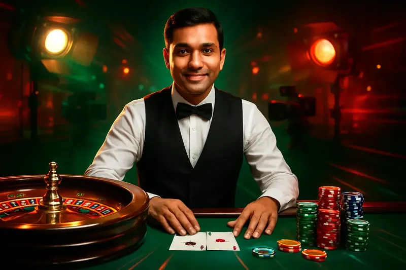 Friendly professional live dealer with roulette, cards, chips, and studio lights
