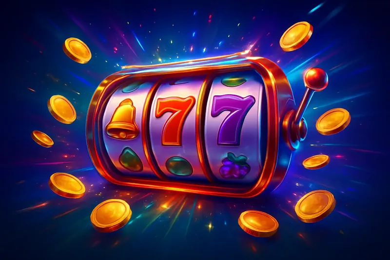Colorful spinning slot machine reels with coins, sparkles, and neon glow